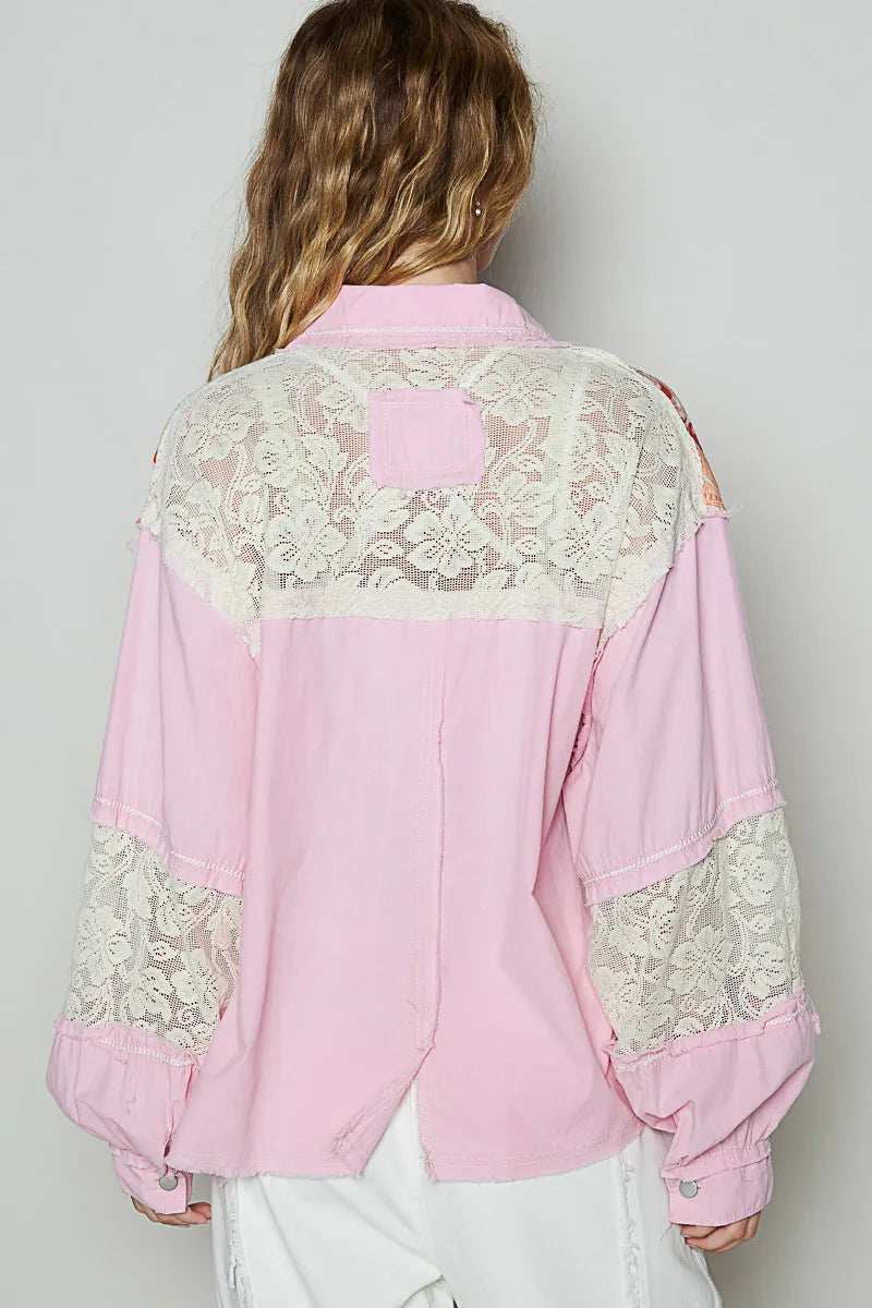 POL Printed Woven Mix Raw Hem Jacket with Lace Detail - Trendsi - Flyclothing LLC