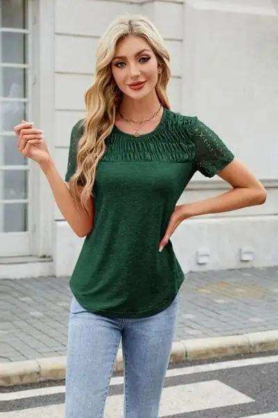 Smocked Round Neck Short Sleeve T-Shirt - Trendsi - Flyclothing LLC