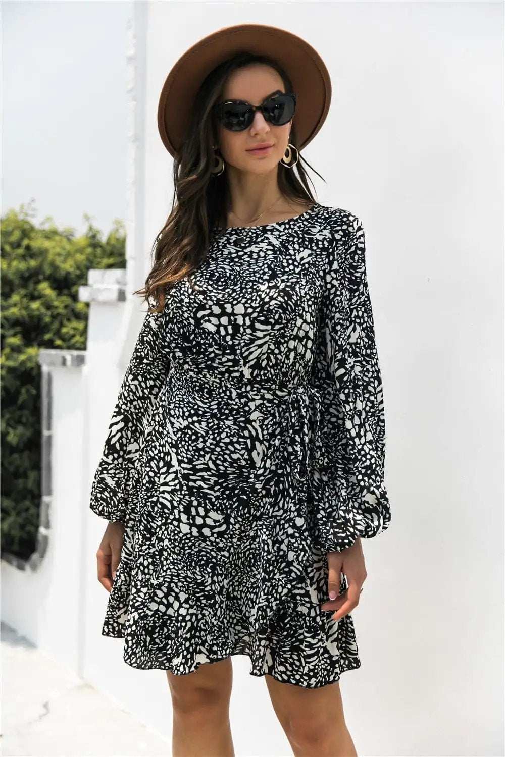 Animal Print Round Neck Balloon Sleeve Mini Dress - Trendsi - Flyclothing LLC