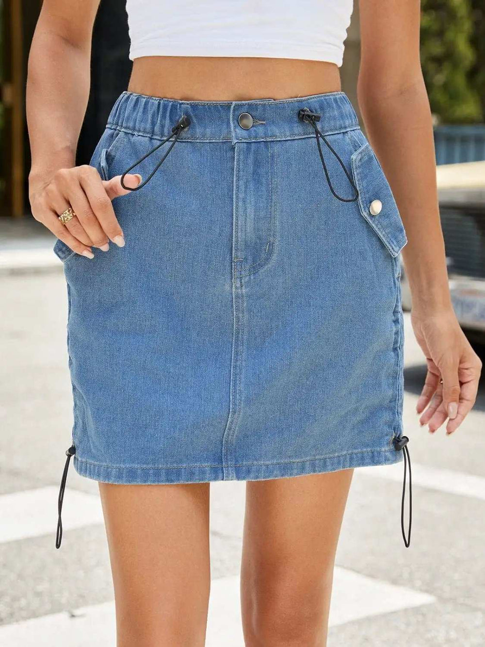 Drawstring Denim Skirt with Pockets - Trendsi - Flyclothing LLC