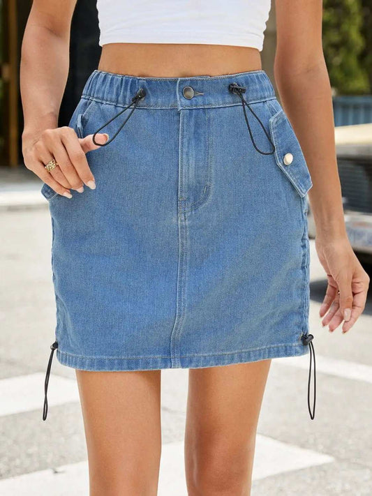 Drawstring Denim Skirt with Pockets - Trendsi - Flyclothing LLC