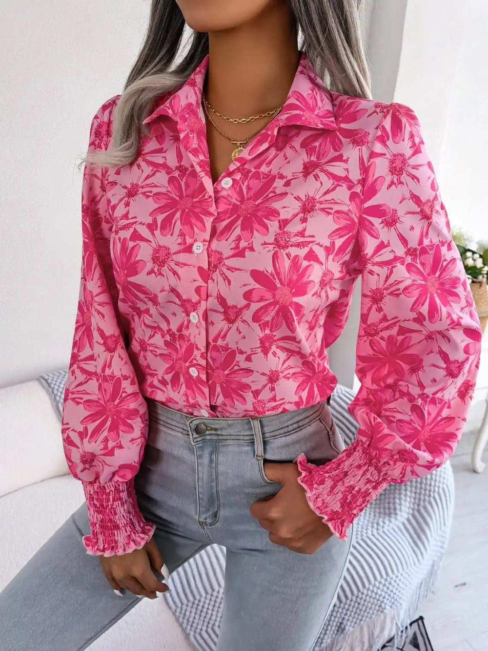 Floral Collared Neck Long Sleeve Shirt - Trendsi - Flyclothing LLC