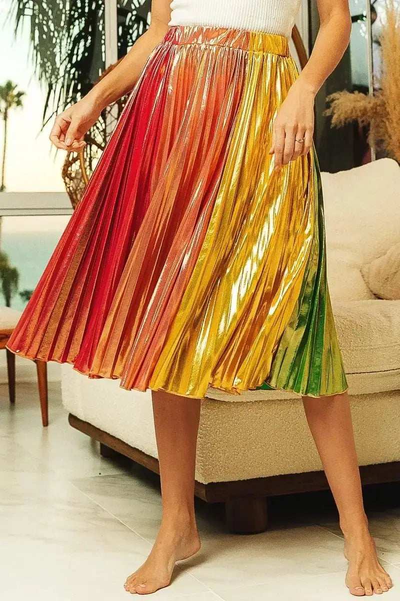 BiBi Metallic Color Block Pleats Midi Skirt - Trendsi - Flyclothing LLC