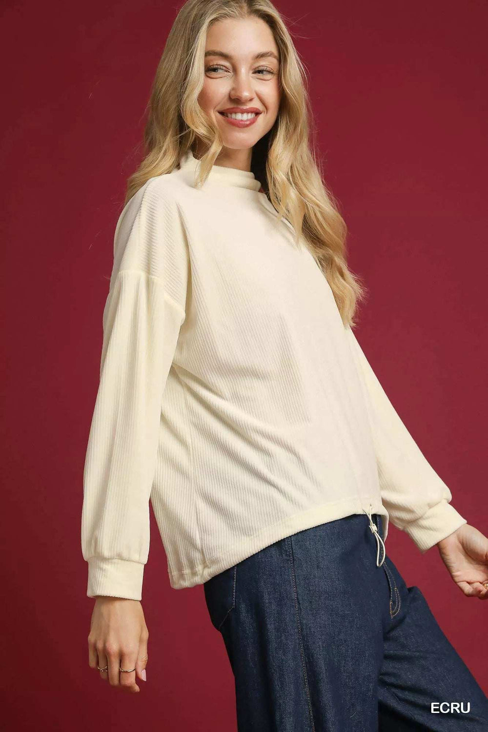 Umgee Ribbed Drawstring Hem Knit Top - Trendsi - Flyclothing LLC