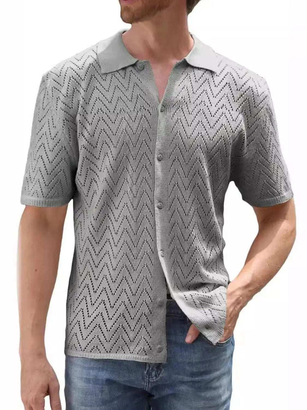 Men's Full Size Openwork Button Down Short Sleeve Shirt Plus Size - Trendsi - Flyclothing LLC