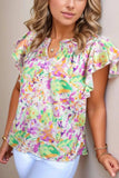 Abstract Printed Ruffled Short Sleeve Notched Neck Blouse - Trendsi - Flyclothing LLC