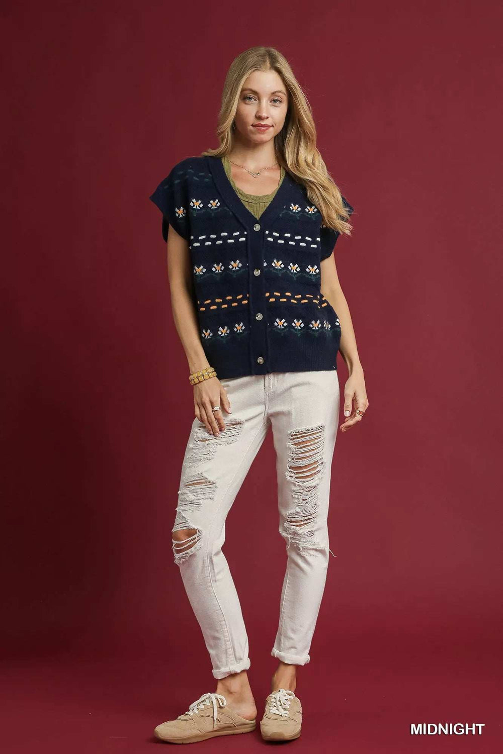 Umgee Button-Down Knit Vest with Floral Pattern - Trendsi - Flyclothing LLC