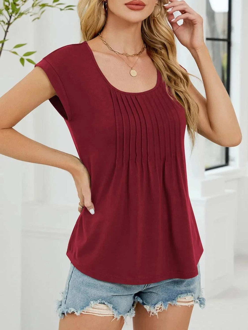 Pleated Front Scoop Neck T-Shirt - Trendsi - Flyclothing LLC