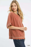 Umgee Linen Blend Scallop Trim Top - Trendsi - Flyclothing LLC