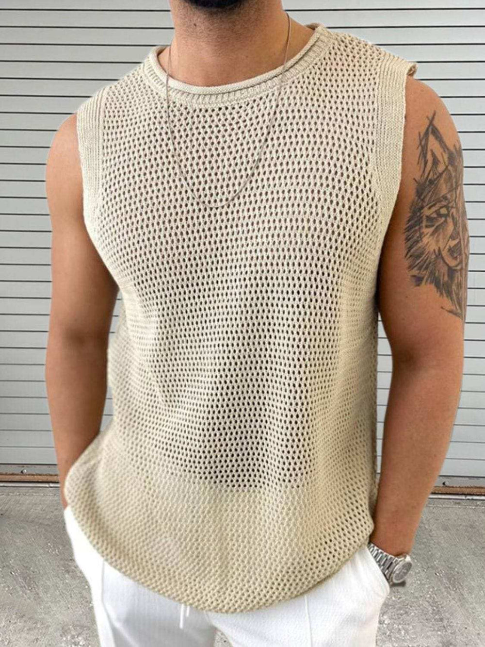 Men's Openwork Round Neck Sleeveless Knit Top - Trendsi - Flyclothing LLC