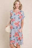 BOMBOM Floral Round Neck Short Tee Dress with Pockets - Trendsi - Flyclothing LLC