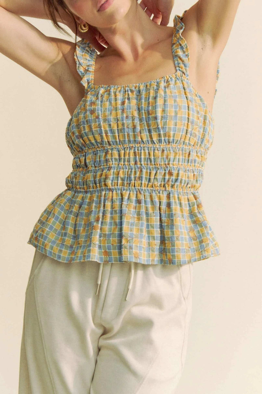 Davi & Dani Plaid Ruffled Strap Smocked Sleeveless Top - Trendsi - Flyclothing LLC
