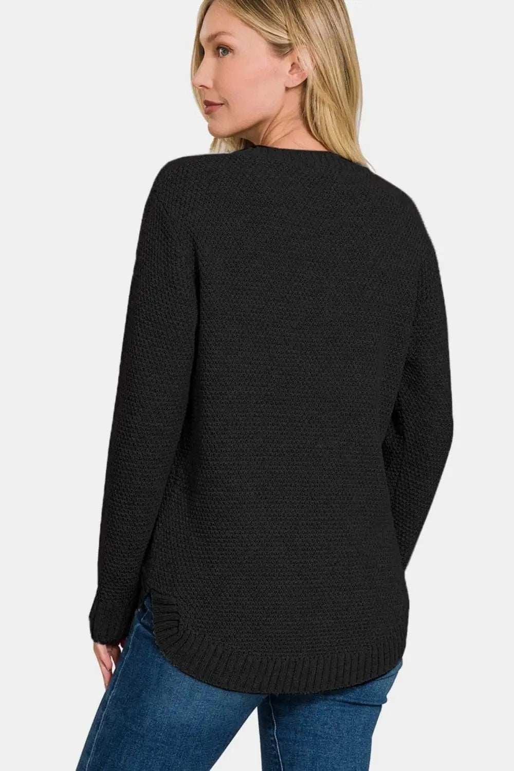 Zenana Ful Size Round Neck Long Sleeve Curved Hem Sweater - Trendsi - Flyclothing LLC