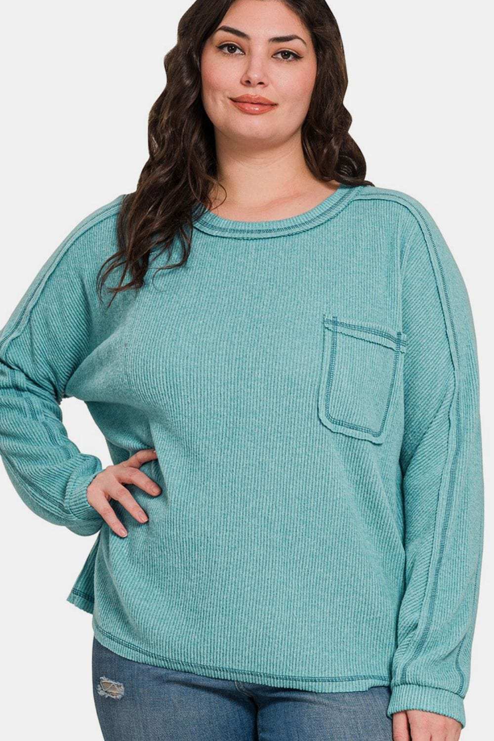 Zenana Full Size Contrast Stitching Brushed Ribbed Hacci Knit Top Plu Size - Trendsi - Flyclothing LLC