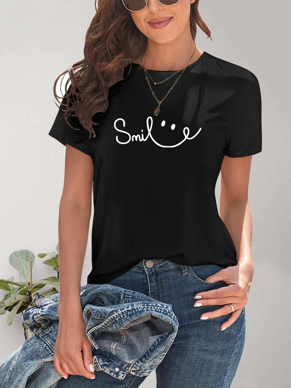 SMILE Round Neck Short Sleeve T-Shirt - Trendsi - Flyclothing LLC