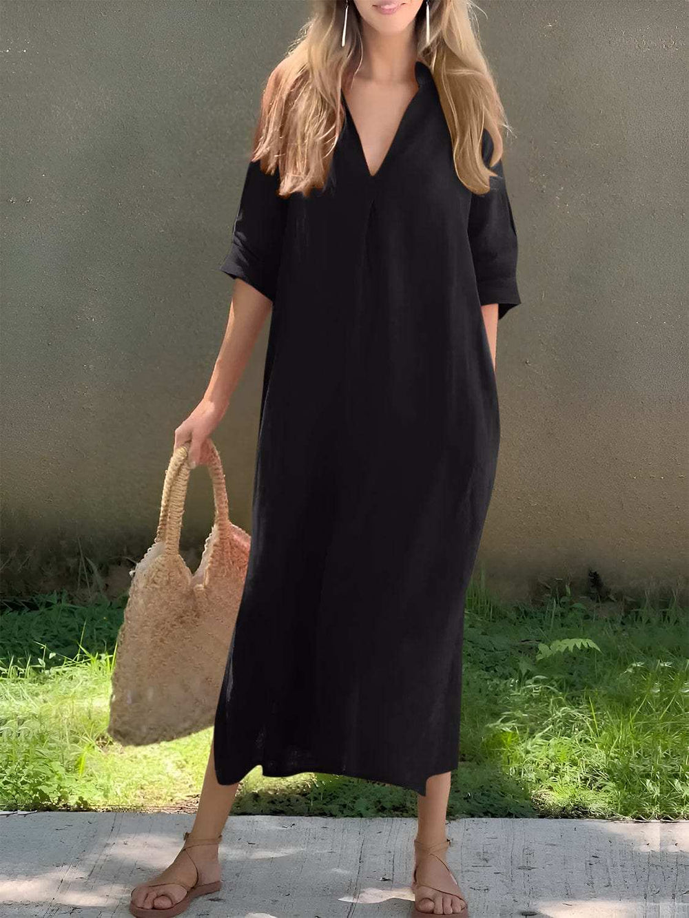 Full Size Notched Half Sleeve Midi Dress - Trendsi - Flyclothing LLC