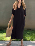 Full Size Notched Half Sleeve Midi Dress - Trendsi - Flyclothing LLC