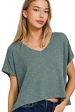 Zenana Hacci Slub V-neck Drop Shoulder Crop Top - Trendsi - Flyclothing LLC