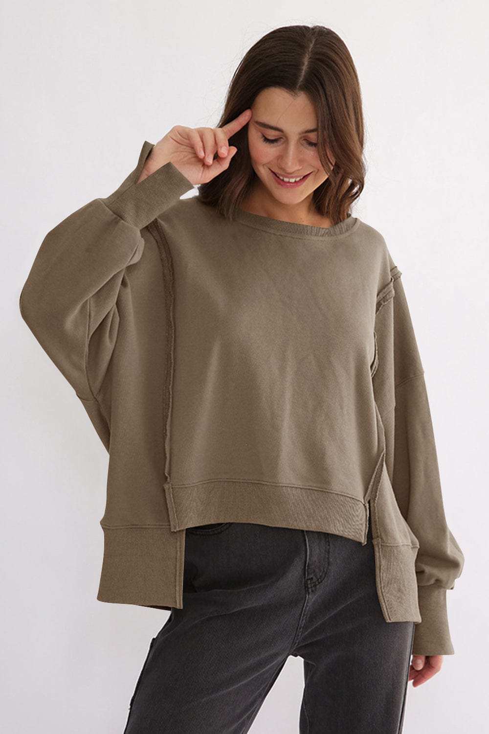 Exposed Seam High-Low Long Sleeve Sweatshirt - Trendsi - Flyclothing LLC