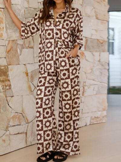 Printed Collared Neck Top and Pants Set - Trendsi - Flyclothing LLC