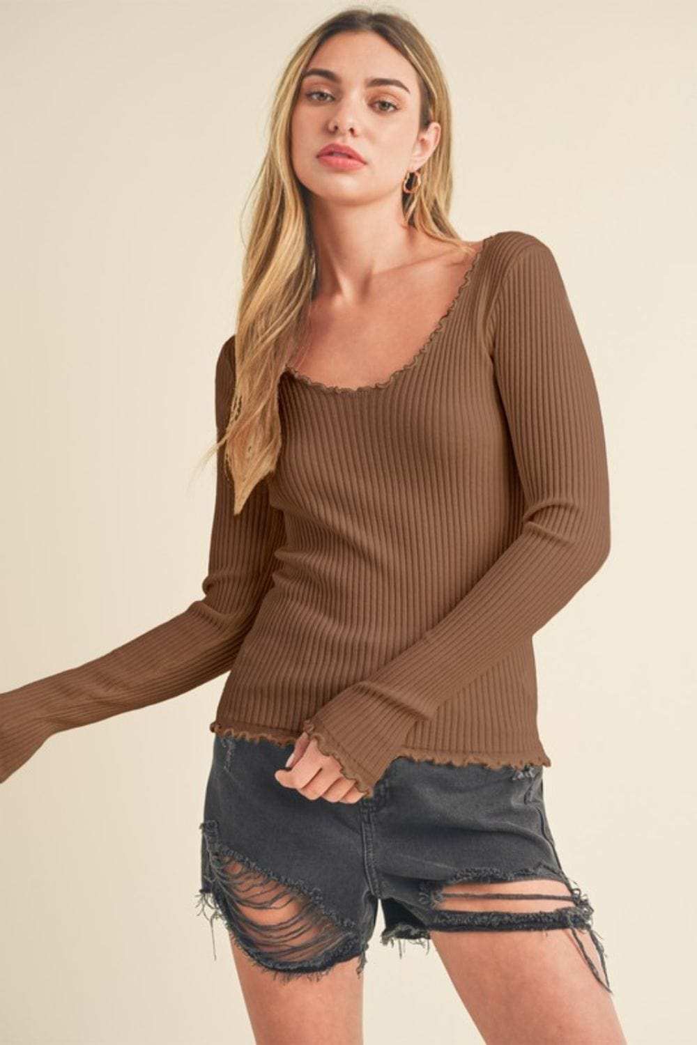 Aemi + Co Lettuce Hem Scoop Neck Long Sleeve Knit Top - Trendsi - Flyclothing LLC