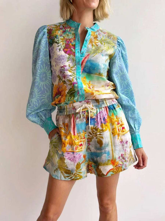 Printed Button Up Shirt and Shorts Set - Trendsi - Flyclothing LLC