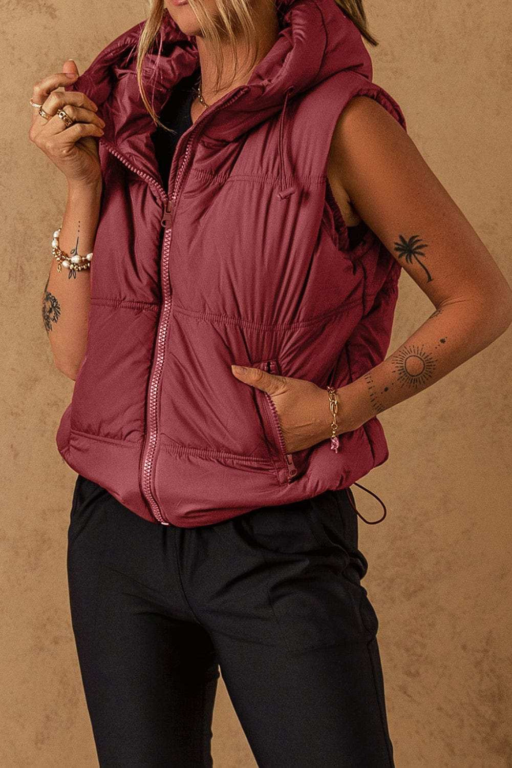 Drawstring Zip Up Hooded Vest Coat - Trendsi - Flyclothing LLC