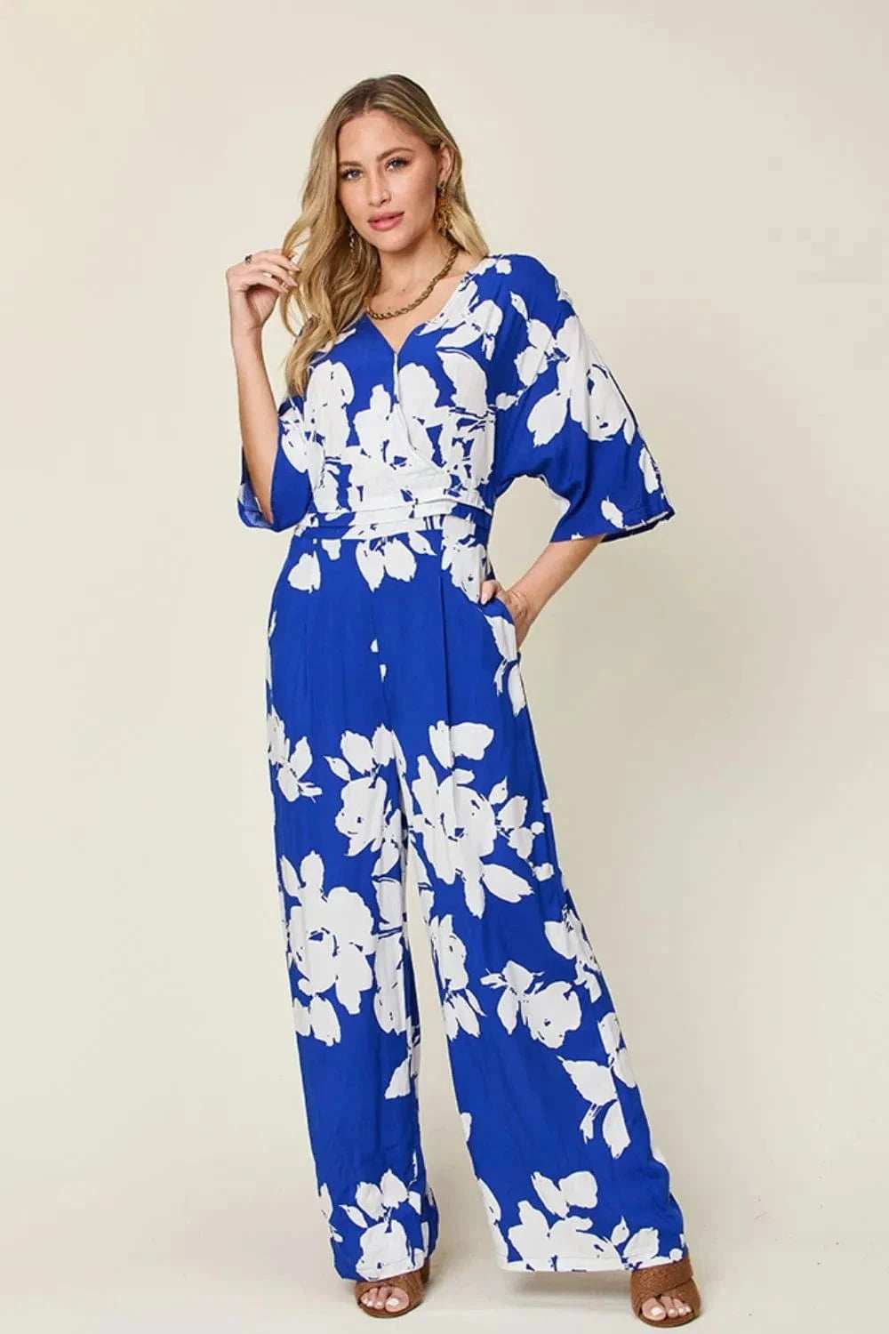 Double Take Full Size Printed Tie Back Wide Leg Jumpsuit - Trendsi - Flyclothing LLC