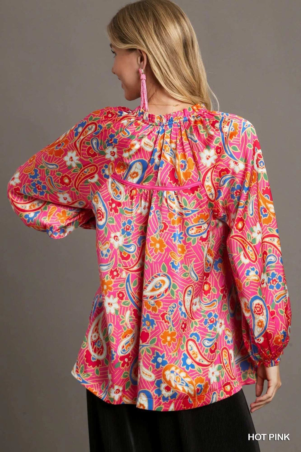 Umgee Full Size Satin Paisley Ruffle Neck Button-Up Shirt Plus Size - Trendsi - Flyclothing LLC