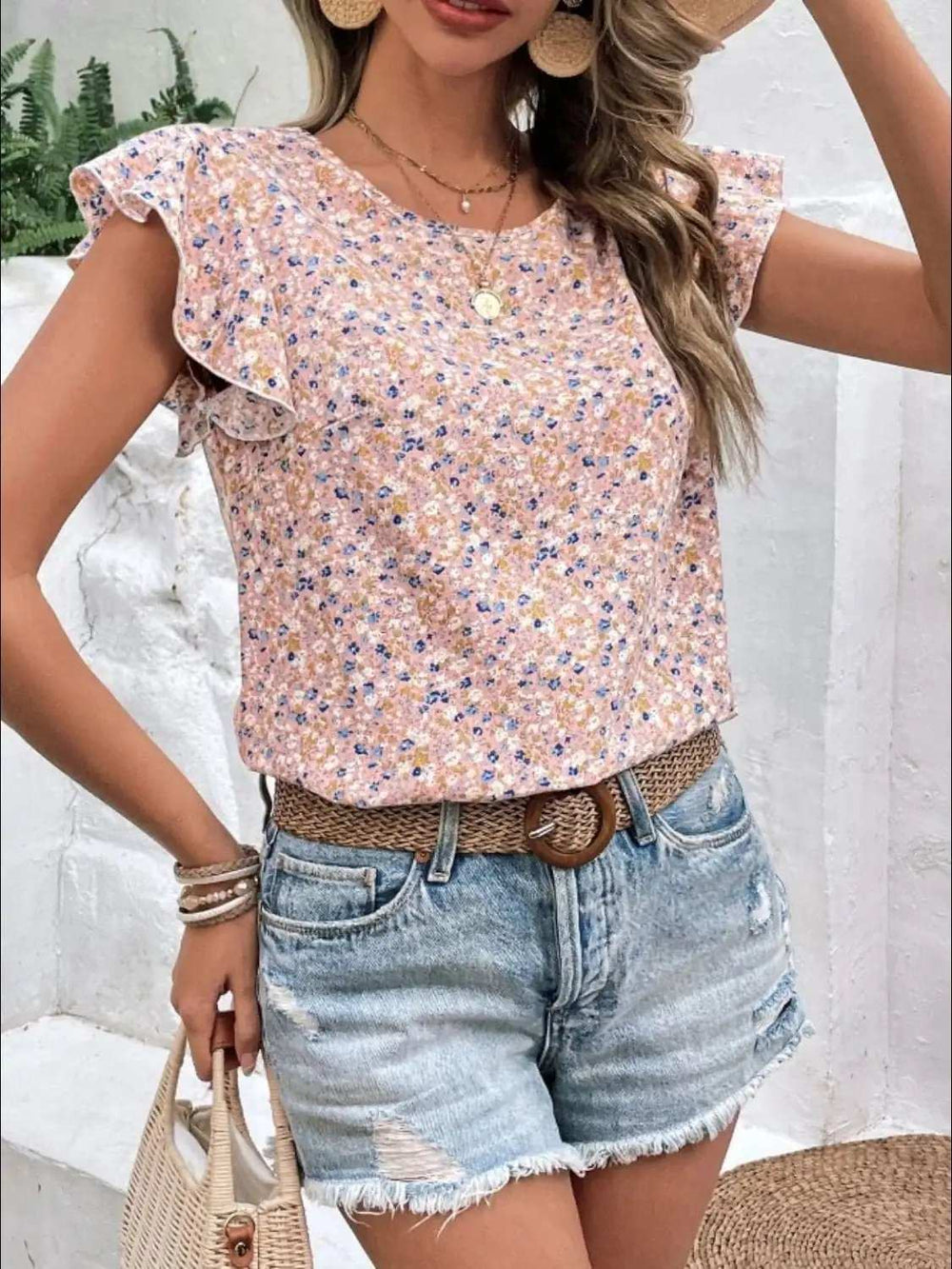 Ditsy Floral Round Neck Cap Sleeve Top - Trendsi - Flyclothing LLC