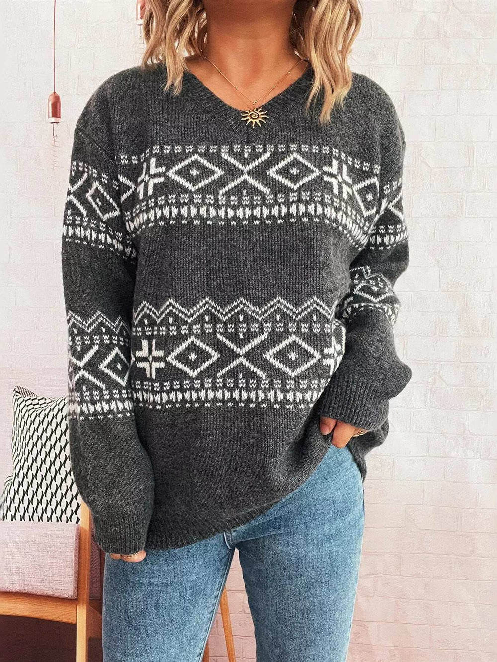 Geometric Dropped Shoulder Long Sleeve Sweater - Trendsi - Flyclothing LLC