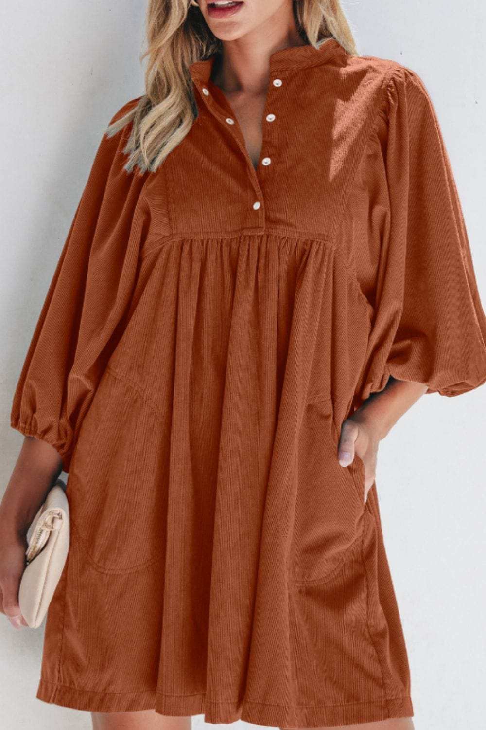 Corduroy Quarter Snap Three-Quarter Sleeve Dress - Trendsi - Flyclothing LLC