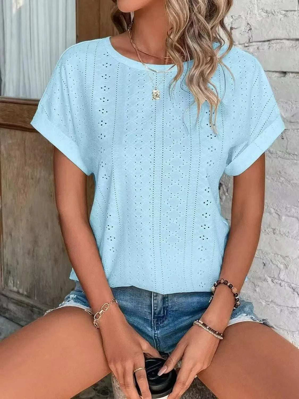 Eyelet Round Neck Short Sleeve Top - Trendsi - Flyclothing LLC
