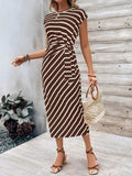 Striped Round Neck Cap Sleeve Midi Dress - Trendsi - Flyclothing LLC