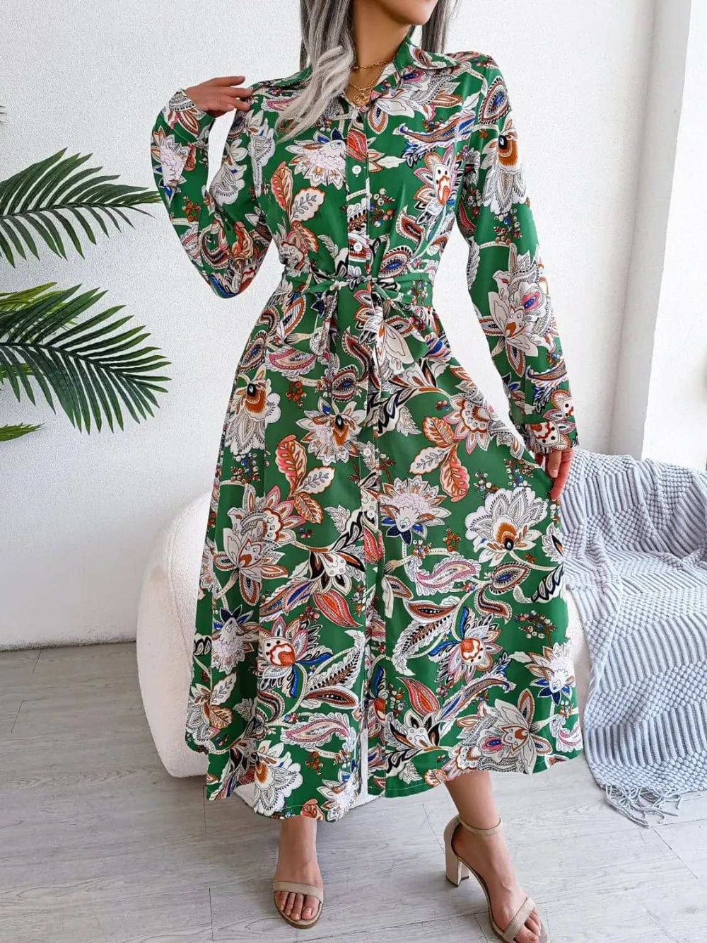 Tied Printed Long Sleeve Midi Dress - Trendsi - Flyclothing LLC