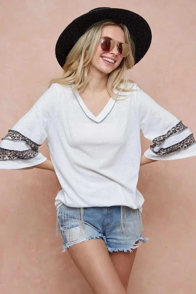 BiBi Triblend Knit Top with Leopard Band Detail - Trendsi - Flyclothing LLC