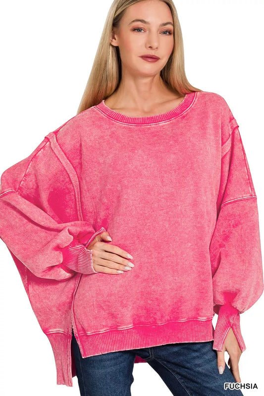 Zenana Acid Washed Batwing Sleeve Fleece Sweatshirt - Trendsi - Flyclothing LLC