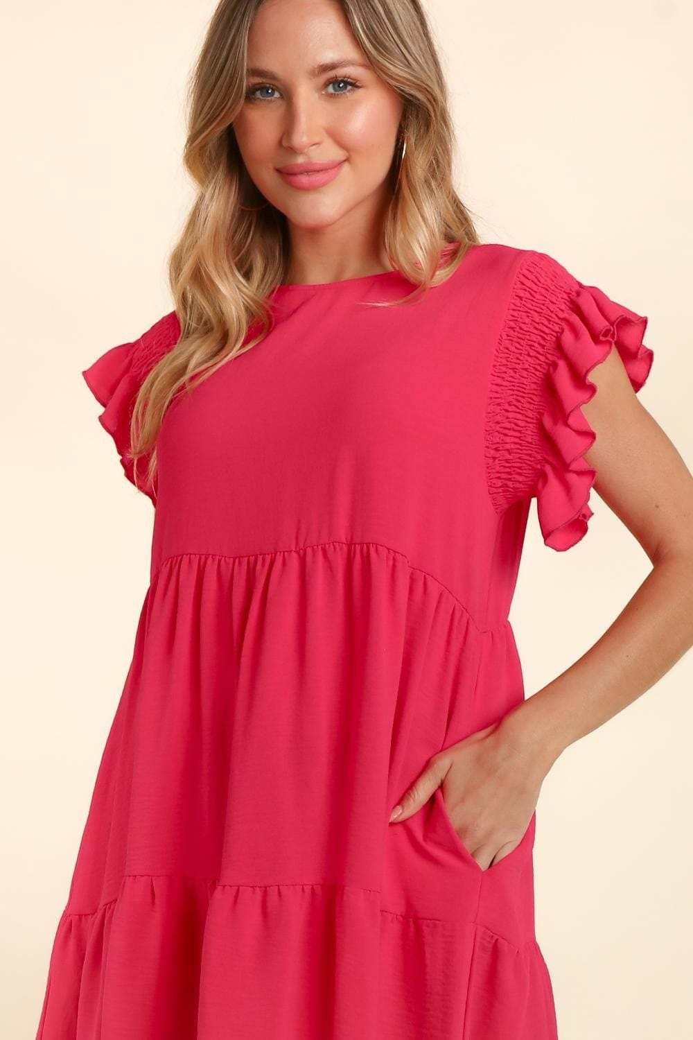 Haptics Full Size Smocking Ruffle Short Sleeve Dress with Pockets - Trendsi - Flyclothing LLC