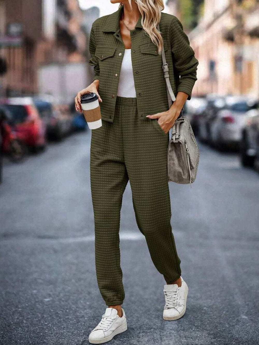 Plaid Texture Snap Down Top and Pants Set - Trendsi - Flyclothing LLC