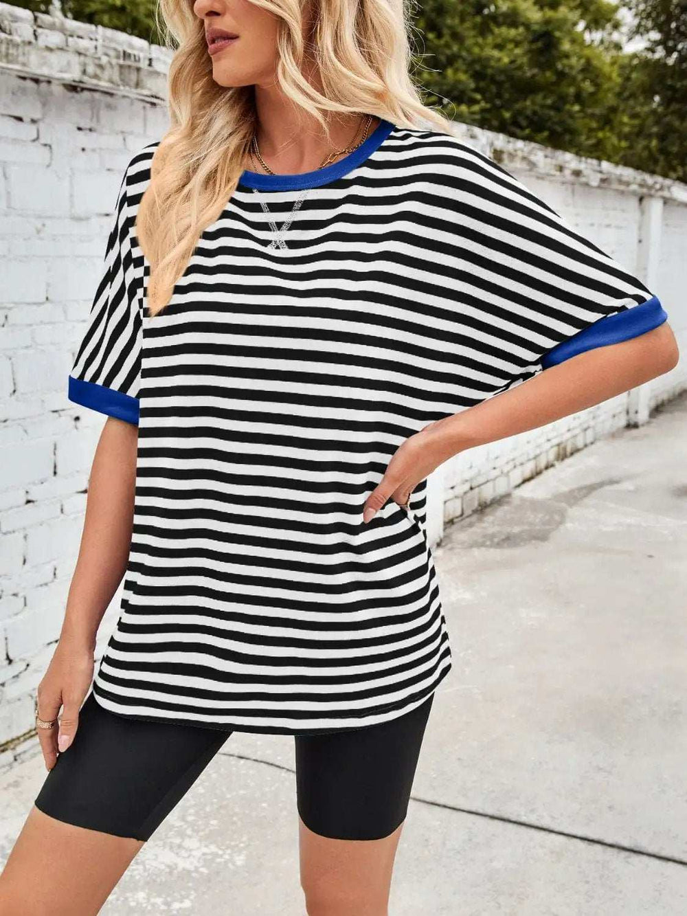 Lovelet Striped Round Neck Half Sleeve T-Shirt - Trendsi - Flyclothing LLC