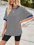 Lovelet Striped Round Neck Half Sleeve T-Shirt - Trendsi - Flyclothing LLC