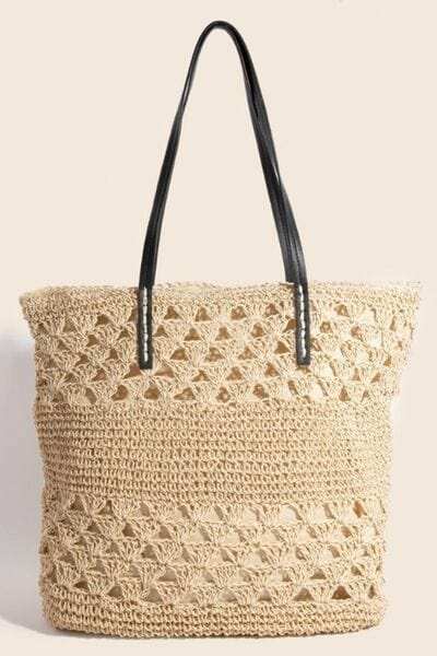 Fame Faux Leather Handle Knitted Tote Bag - Trendsi - Flyclothing LLC