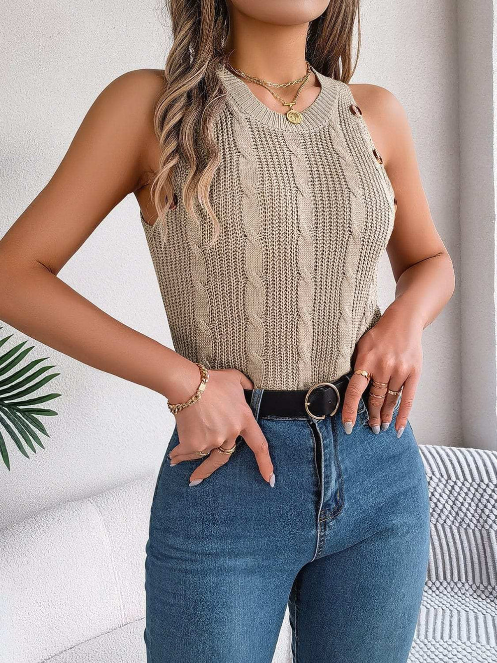 Cable-Knit Round Neck Vest - Trendsi - Flyclothing LLC