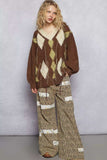 POL V-Neck Argyle Pattern Mohair Sweater with Contrast Exposed Stitch Detail - Trendsi - Flyclothing LLC