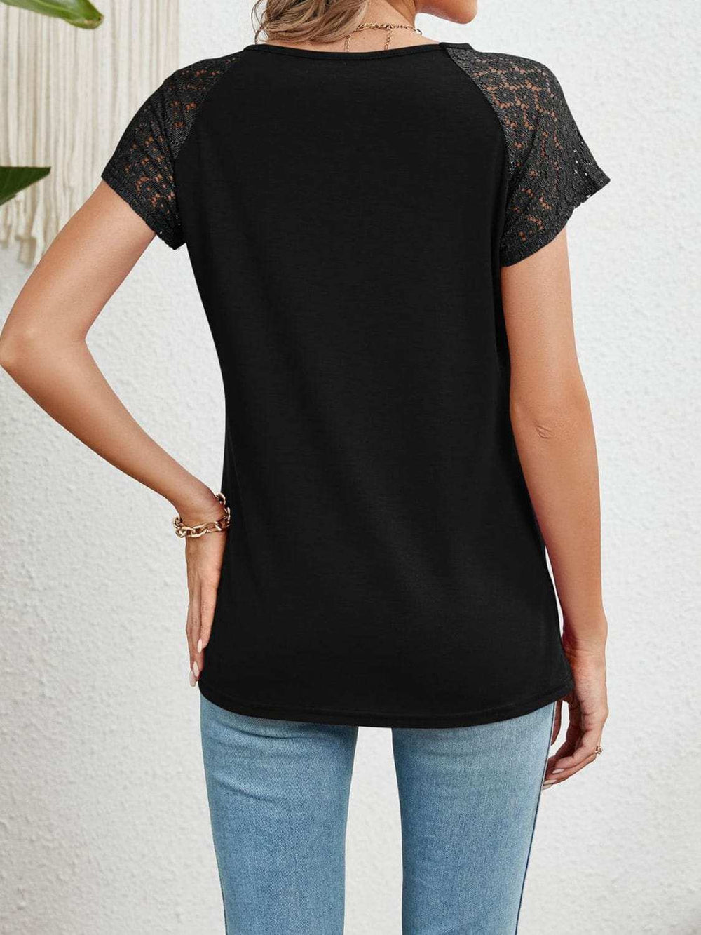 Round Neck Lace Short Sleeve Top - Trendsi - Flyclothing LLC