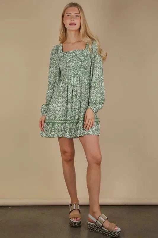 VERY J Printed Smocked Chest Boho Mini Dress - Trendsi - Flyclothing LLC