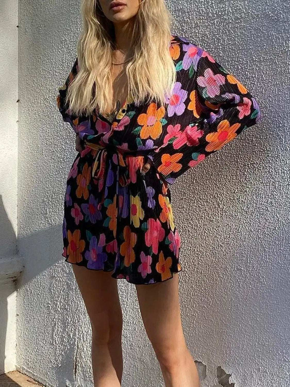 Tied Button Up Long Sleeve Dress - Trendsi - Flyclothing LLC