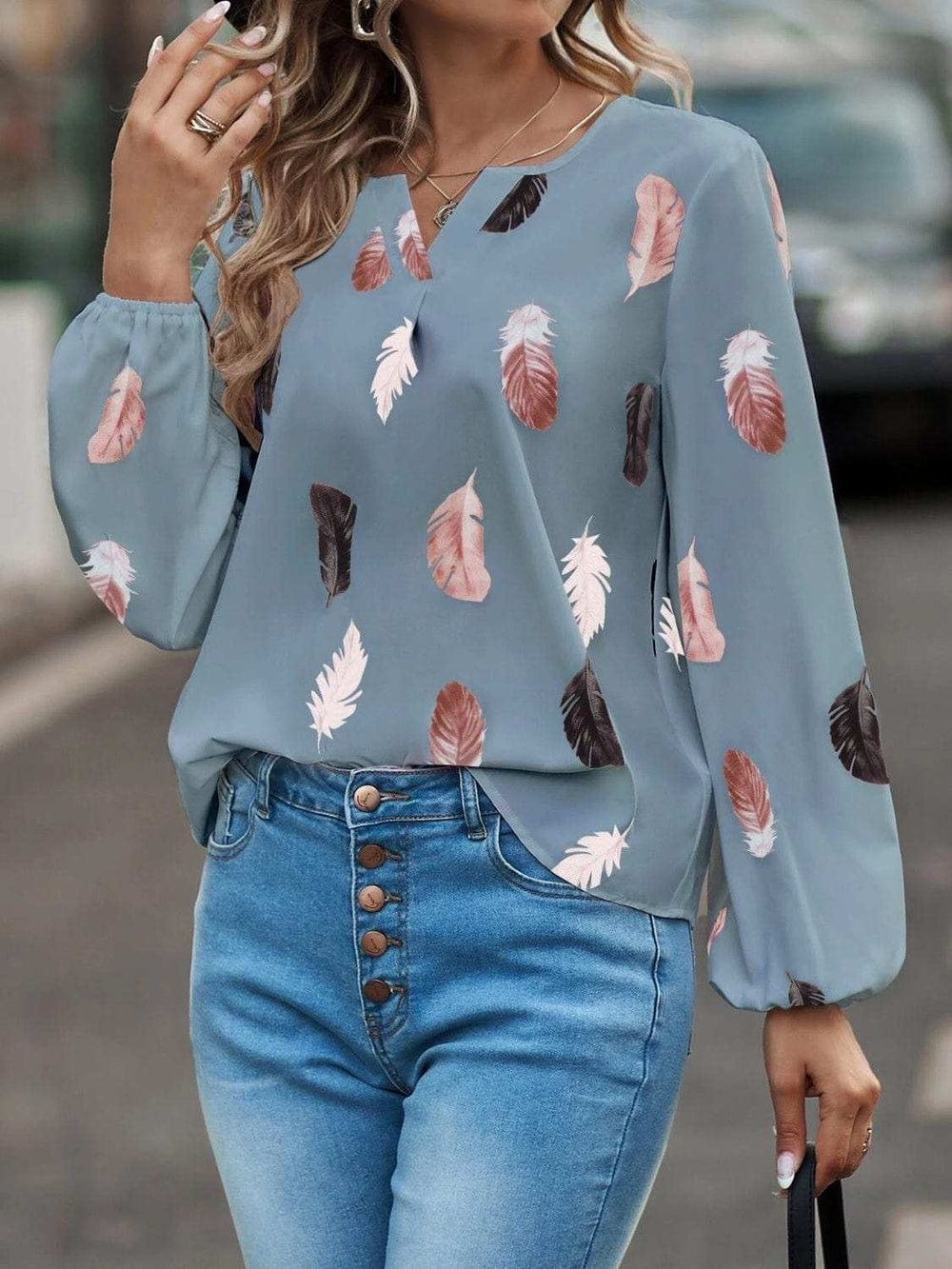 Feather Print Notched Balloon Sleeve Top - Trendsi - Flyclothing LLC
