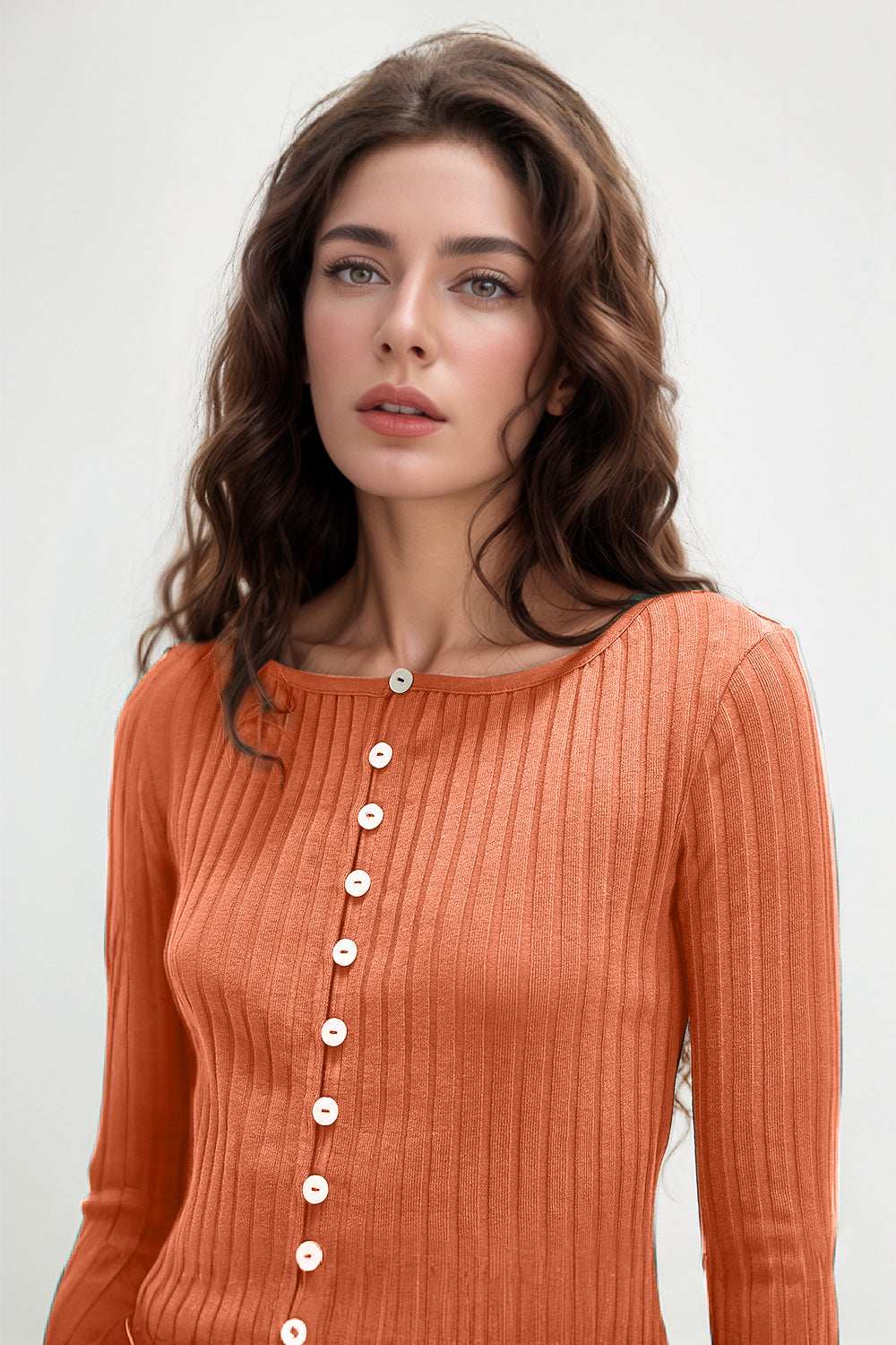 Basic Bae Texture Button Up Round Neck Long Sleeve Top - Trendsi - Flyclothing LLC