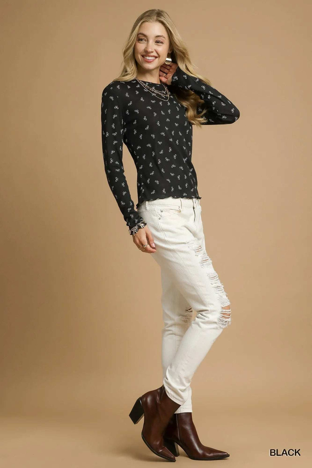 Umgee Bow Print Lightweight Knit Top - Trendsi - Flyclothing LLC